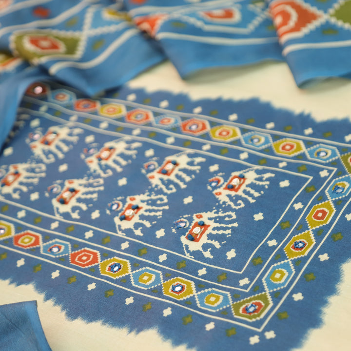 Amelia Beige with Blue Gajj Print Patra Work Yoke Cotton Set