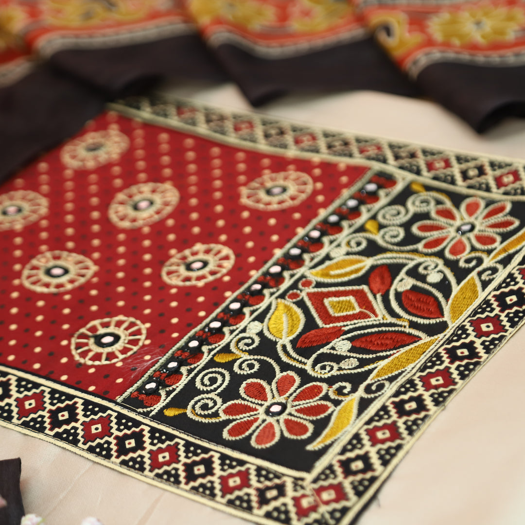 Sohni Tan Chrome with Red Kutch Embroidered with Patra Work Jam Cotton Set