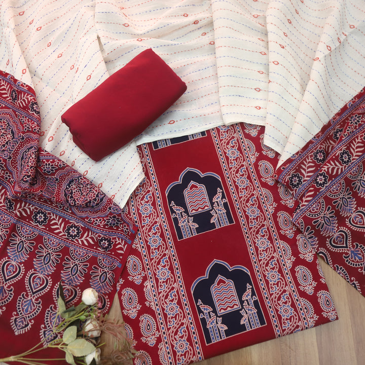 Kakaswi Cherry Red All Over Ajrak Printed Cotton Suit Set-D1