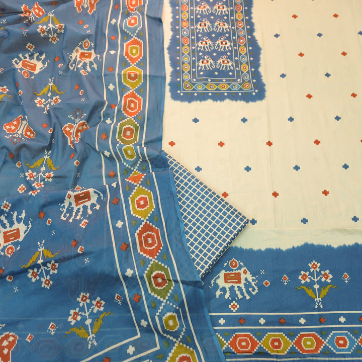 Amelia Beige with Blue Gajj Print Patra Work Yoke Cotton Set