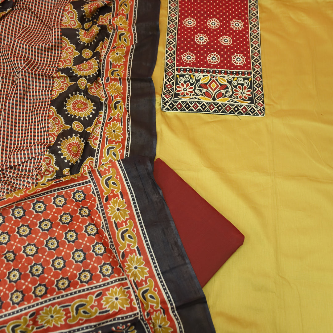 Sohni Yellow with Red Kutch Embroidered with Patra Work Jam Cotton Set