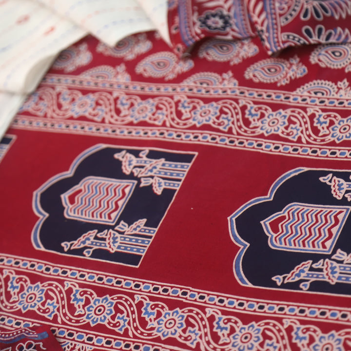 Kakaswi Cherry Red All Over Ajrak Printed Cotton Suit Set-D1