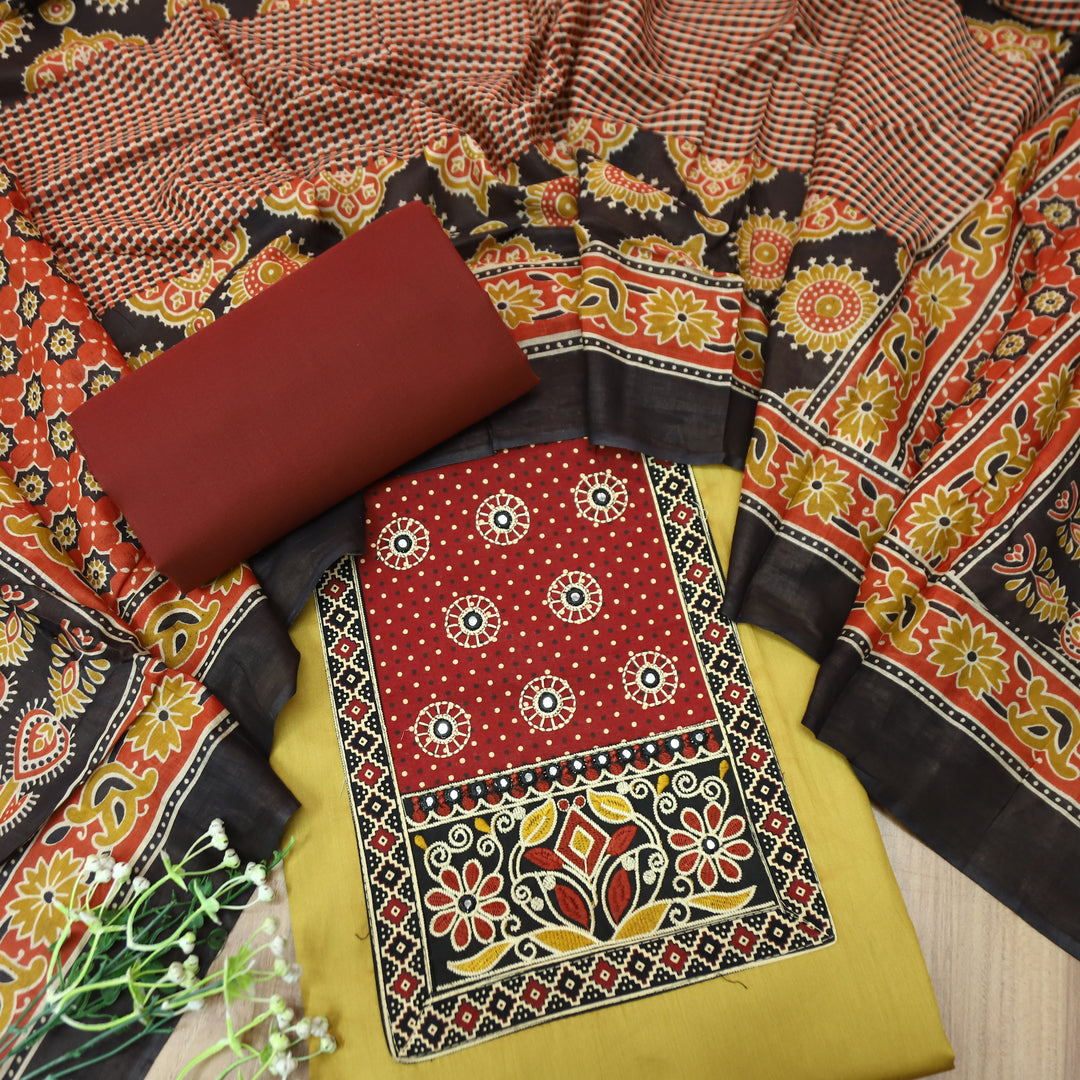 Sohni Yellow with Red Kutch Embroidered with Patra Work Jam Cotton Set