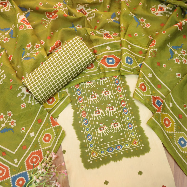 Amelia Beige with Green Gajj Print Patra Work Yoke Cotton Set