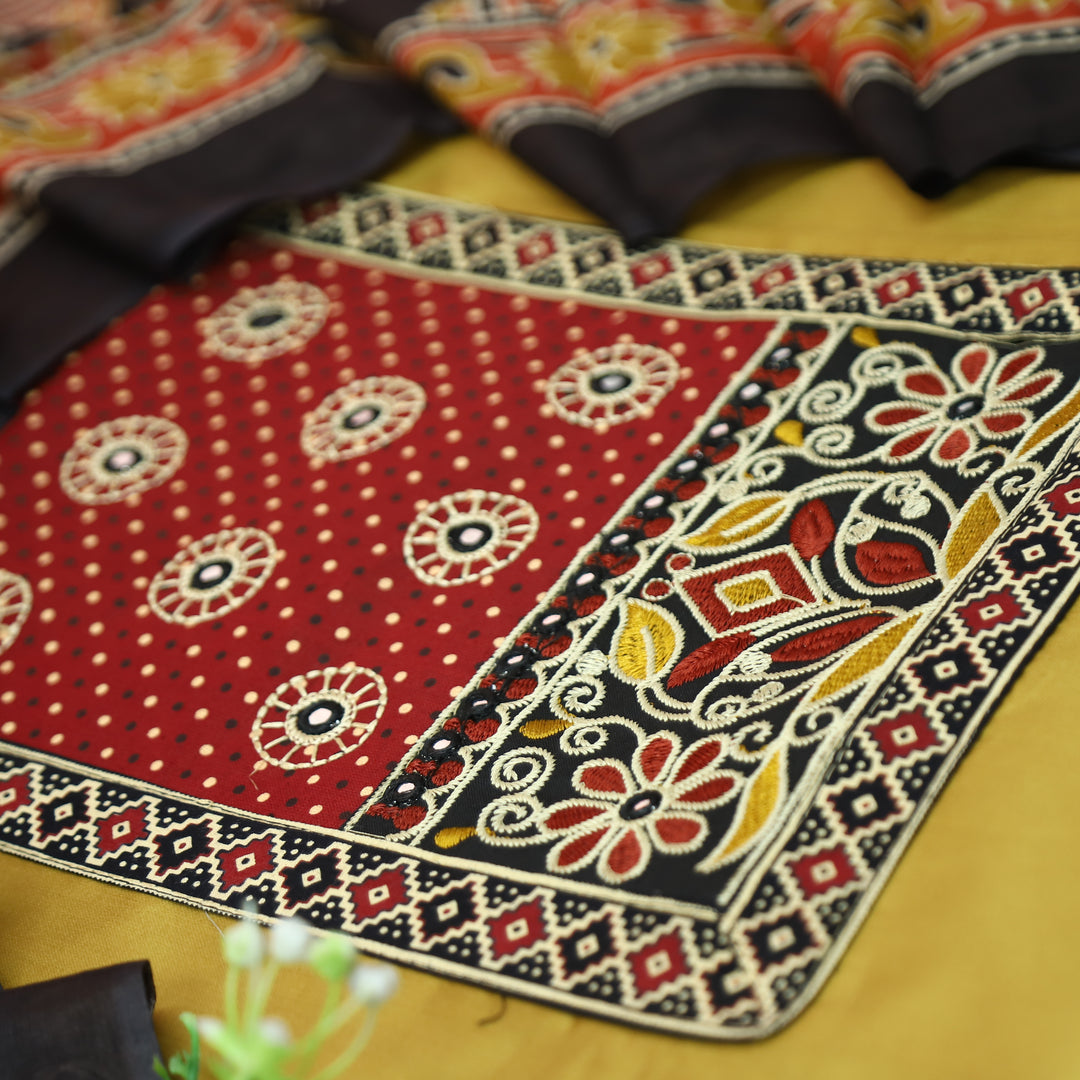 Sohni Yellow with Red Kutch Embroidered with Patra Work Jam Cotton Set