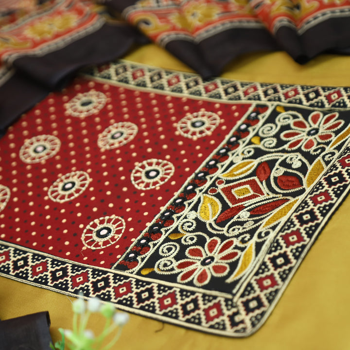 Sohni Yellow with Red Kutch Embroidered with Patra Work Jam Cotton Set