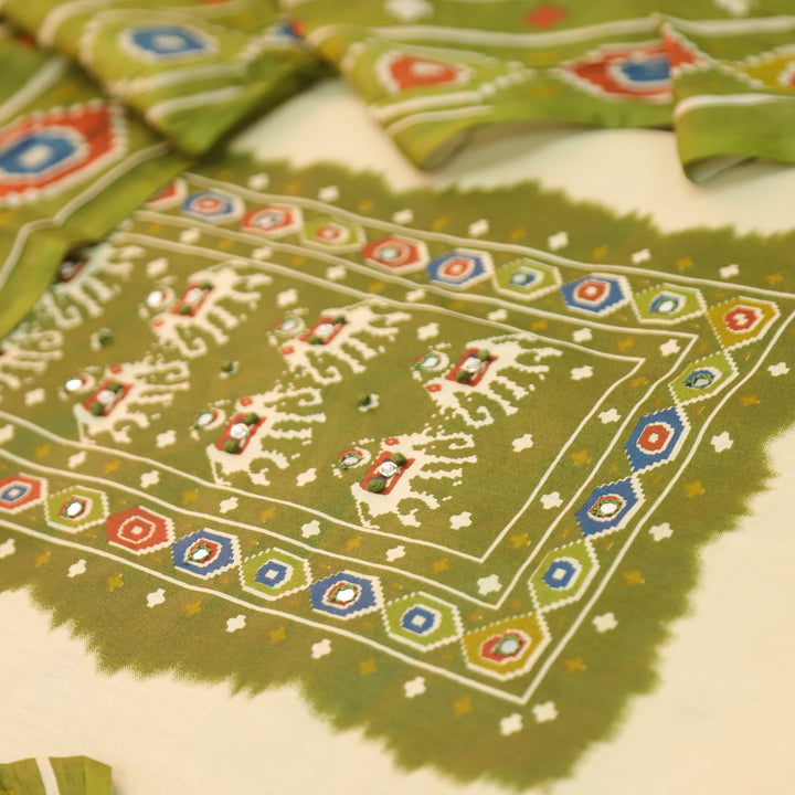 Amelia Beige with Green Gajj Print Patra Work Yoke Cotton Set