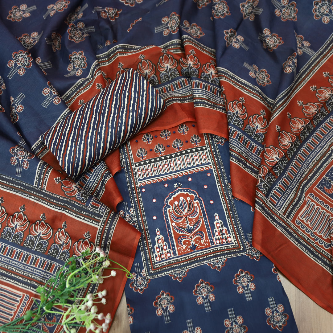 Shakshi Denim Blue French Knot Yoke Ajrak Printed Cotton Set