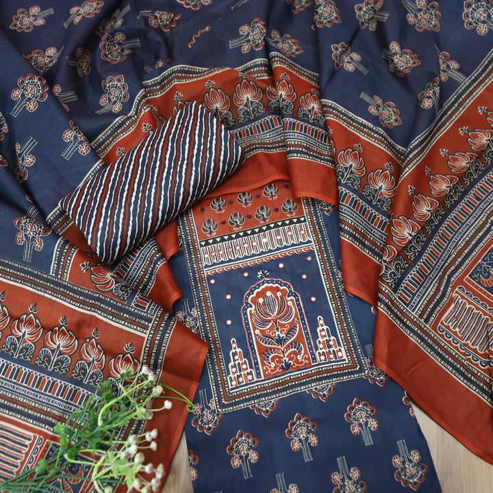 Shakshi Denim Blue French Knot Yoke Ajrak Printed Cotton Set