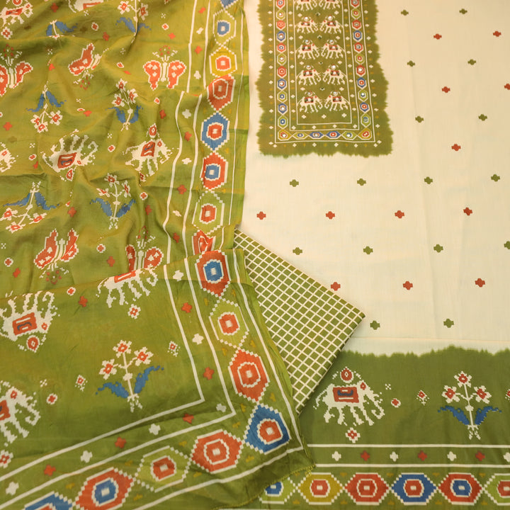 Amelia Beige with Green Gajj Print Patra Work Yoke Cotton Set