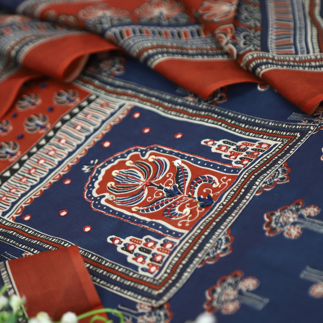 Shakshi Denim Blue French Knot Yoke Ajrak Printed Cotton Set