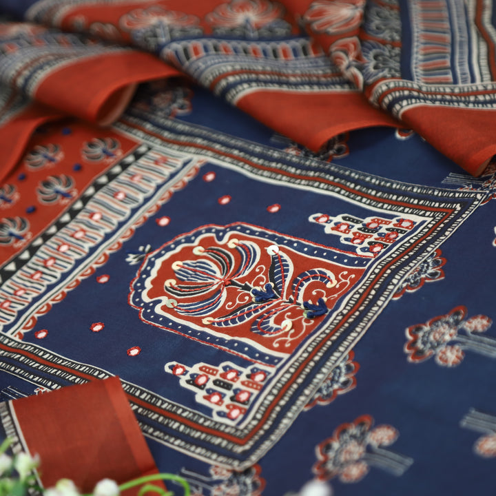Shakshi Denim Blue French Knot Yoke Ajrak Printed Cotton Set