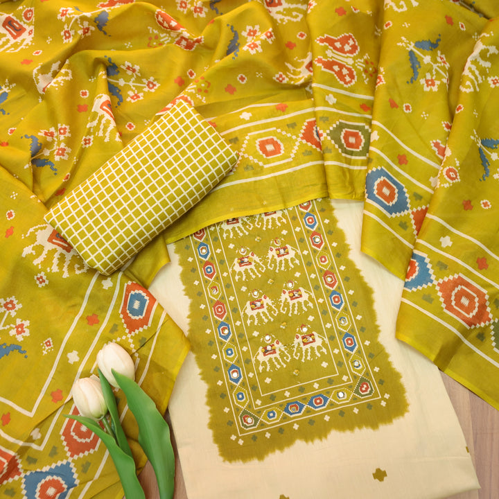 Amelia Beige with Mustard Gajj Print Patra Work Yoke Cotton Set