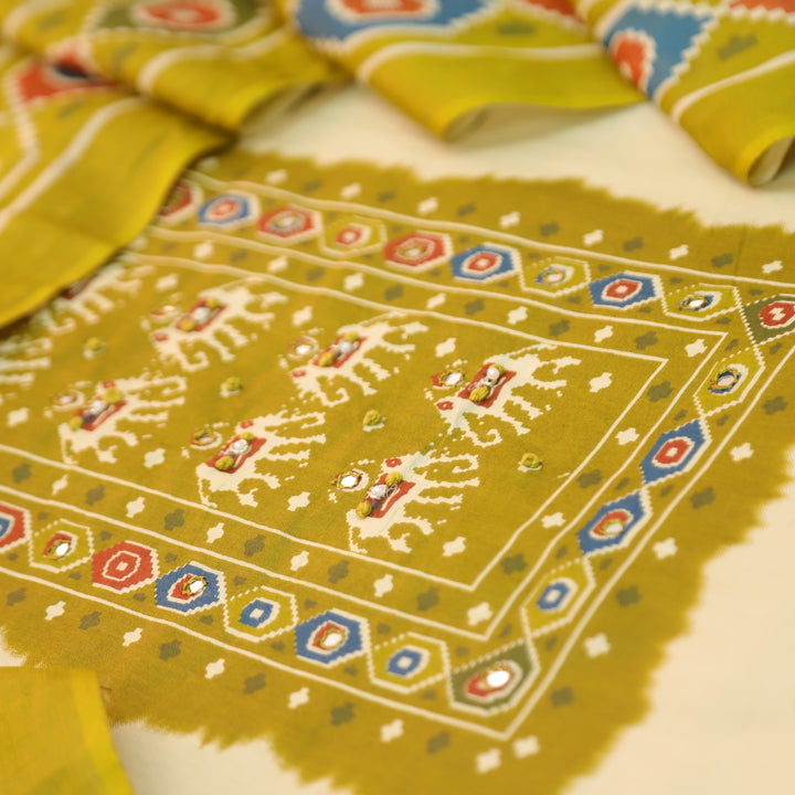 Amelia Beige with Mustard Gajj Print Patra Work Yoke Cotton Set
