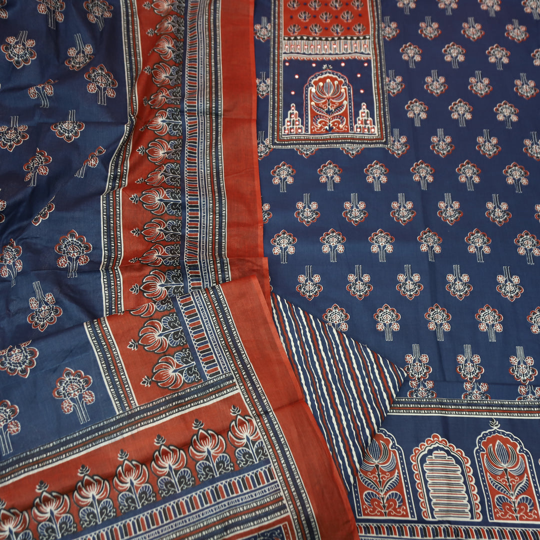 Shakshi Denim Blue French Knot Yoke Ajrak Printed Cotton Set