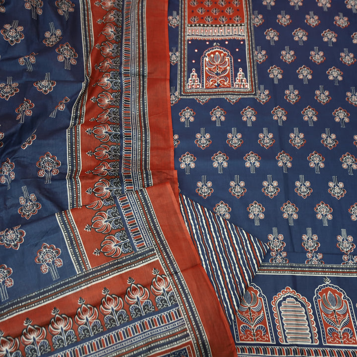 Shakshi Denim Blue French Knot Yoke Ajrak Printed Cotton Set