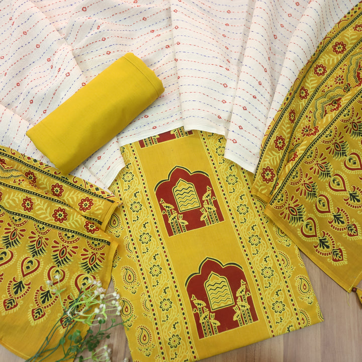 Kakaswi Bright Yellow All Over Ajrak Printed Cotton Suit Set-D1