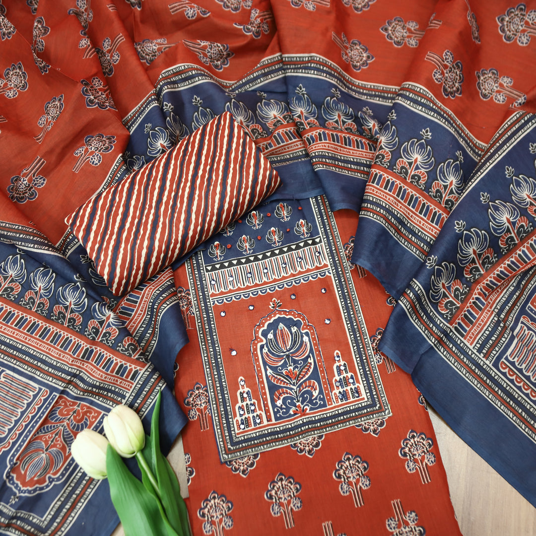 Shakshi Berry Red French Knot Yoke Ajrak Printed Cotton Set