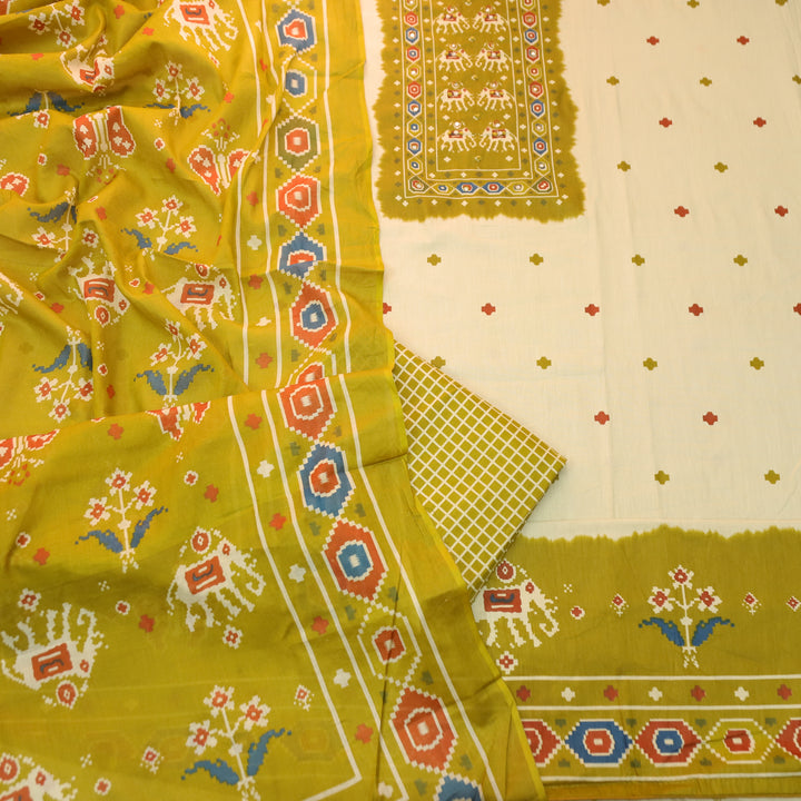 Amelia Beige with Mustard Gajj Print Patra Work Yoke Cotton Set