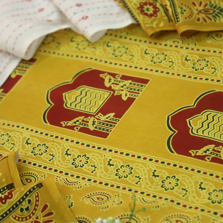 Kakaswi Bright Yellow All Over Ajrak Printed Cotton Suit Set-D1