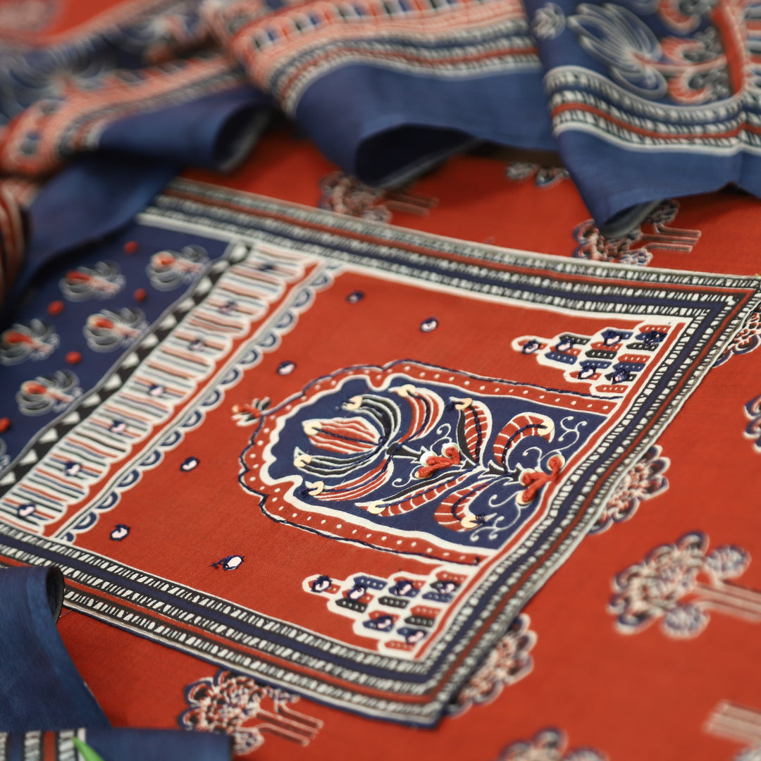 Shakshi Berry Red French Knot Yoke Ajrak Printed Cotton Set