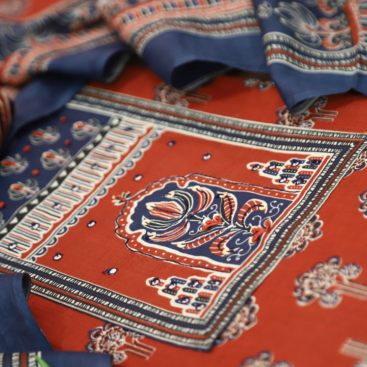 Shakshi Berry Red French Knot Yoke Ajrak Printed Cotton Set
