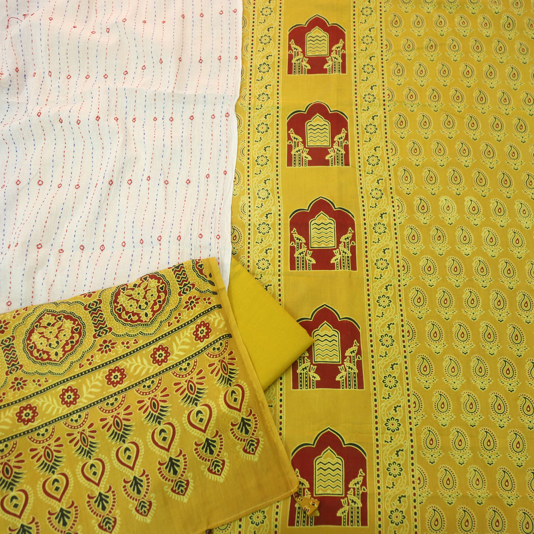 Kakaswi Bright Yellow All Over Ajrak Printed Cotton Suit Set-D1