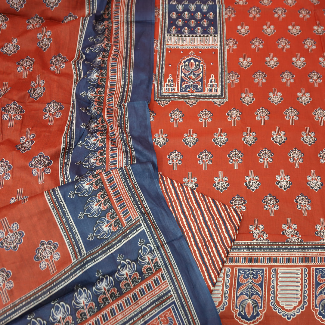 Shakshi Berry Red French Knot Yoke Ajrak Printed Cotton Set