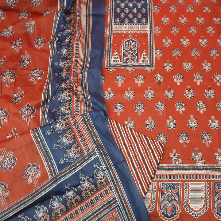 Shakshi Berry Red French Knot Yoke Ajrak Printed Cotton Set