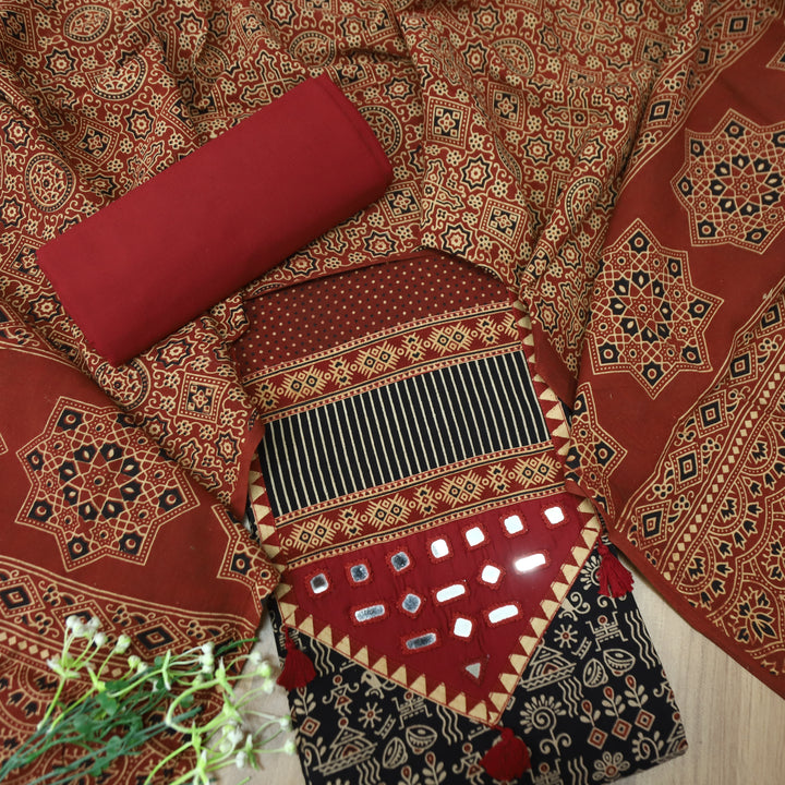 Meghna Ebony Black with Maroon Kutch Patch and Mirror Work in Ajrak Print Cotton Set