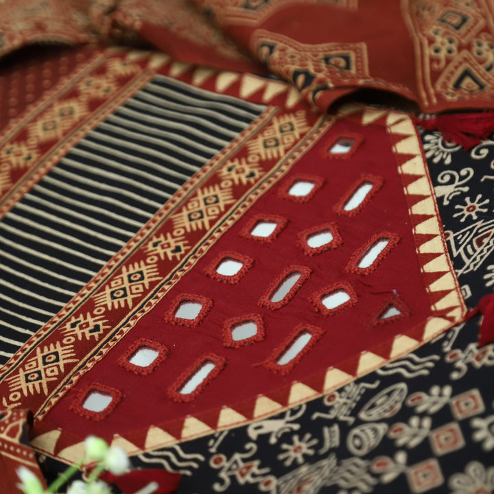 Meghna Ebony Black with Maroon Kutch Patch and Mirror Work in Ajrak Print Cotton Set