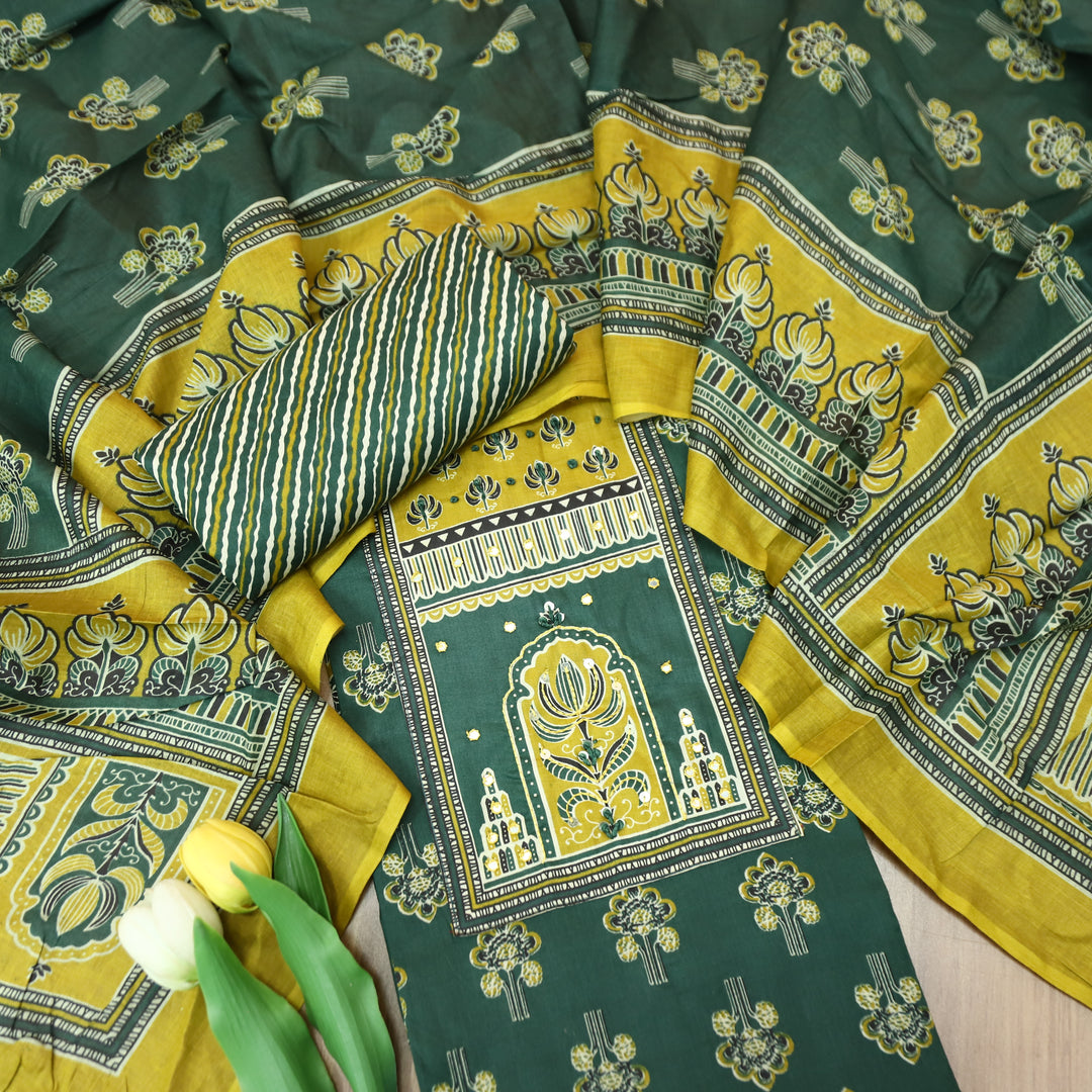 Shakshi Sacramento Green French Knot Yoke Ajrak Printed Cotton Set