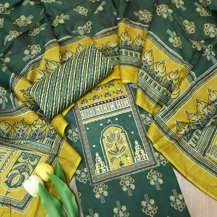 Shakshi Sacramento Green French Knot Yoke Ajrak Printed Cotton Set