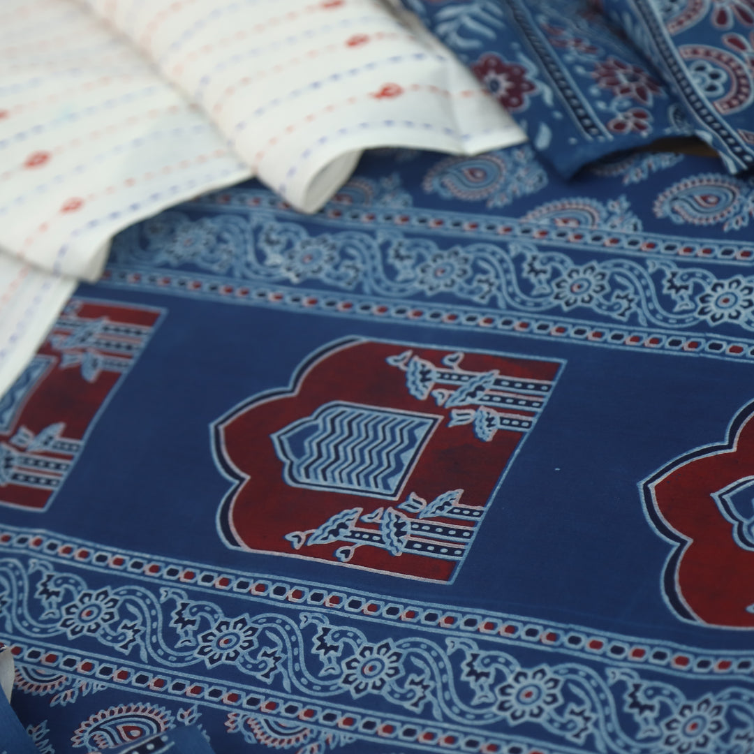 Kakaswi Sapphire Blue All Over Ajrak Printed Cotton Suit Set D1