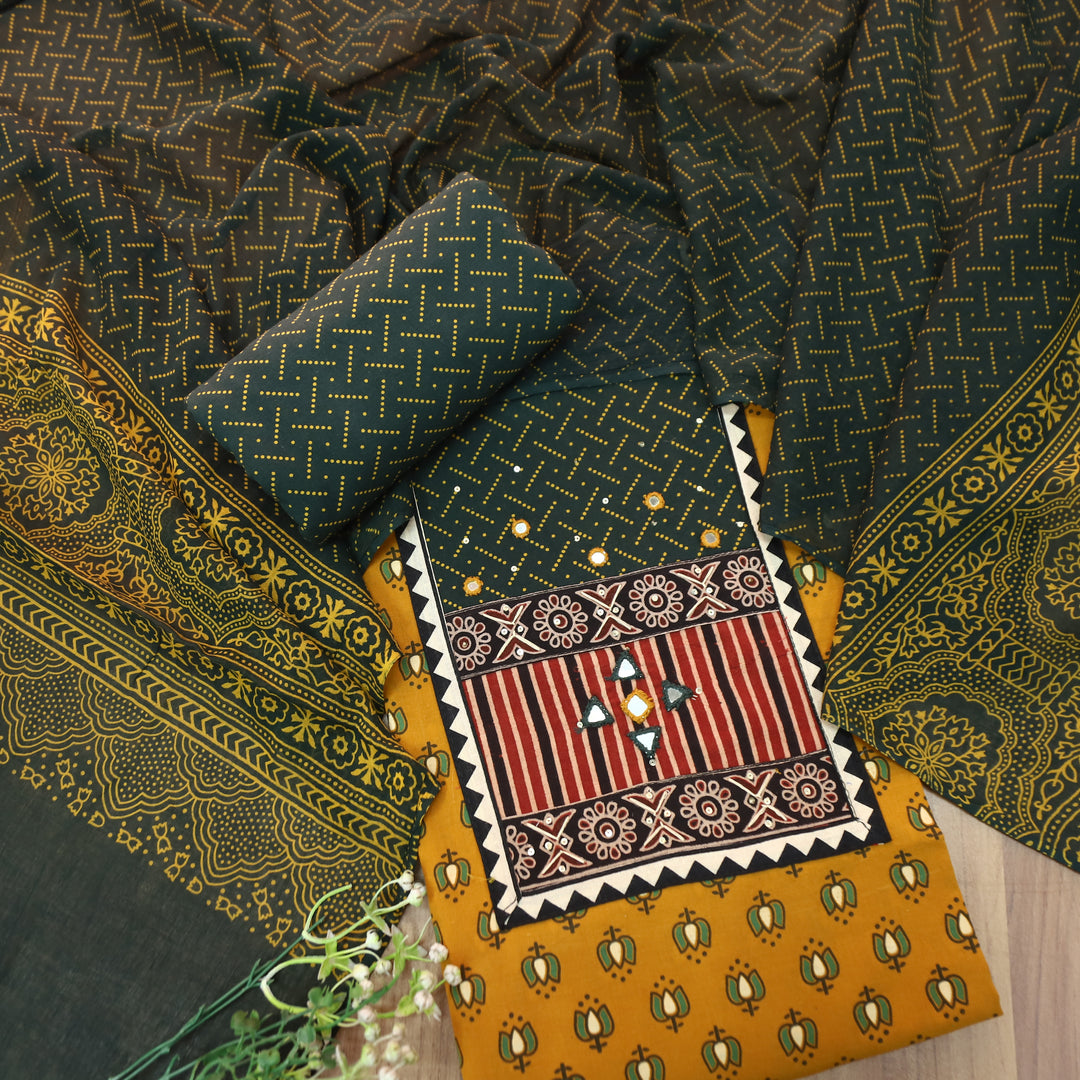 Saheli Dijon Yellow Kutch Mirror Yoke Lotus Print Cotton Set