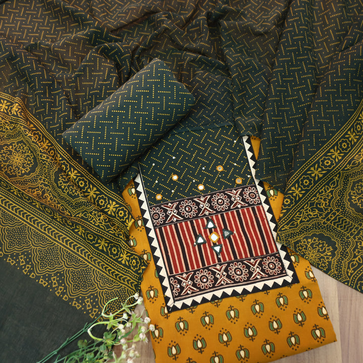 Saheli Dijon Yellow Kutch Mirror Yoke Lotus Print Cotton Set