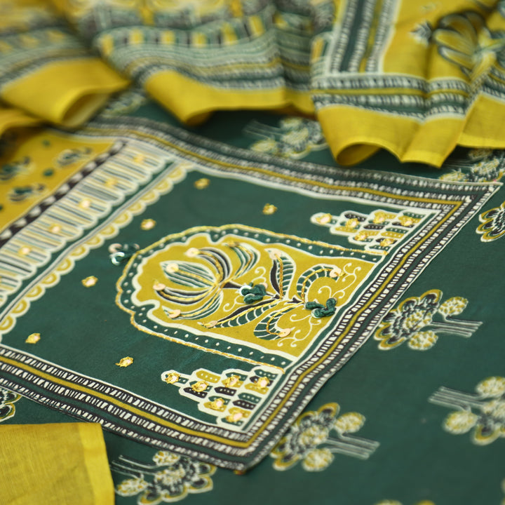 Shakshi Sacramento Green French Knot Yoke Ajrak Printed Cotton Set