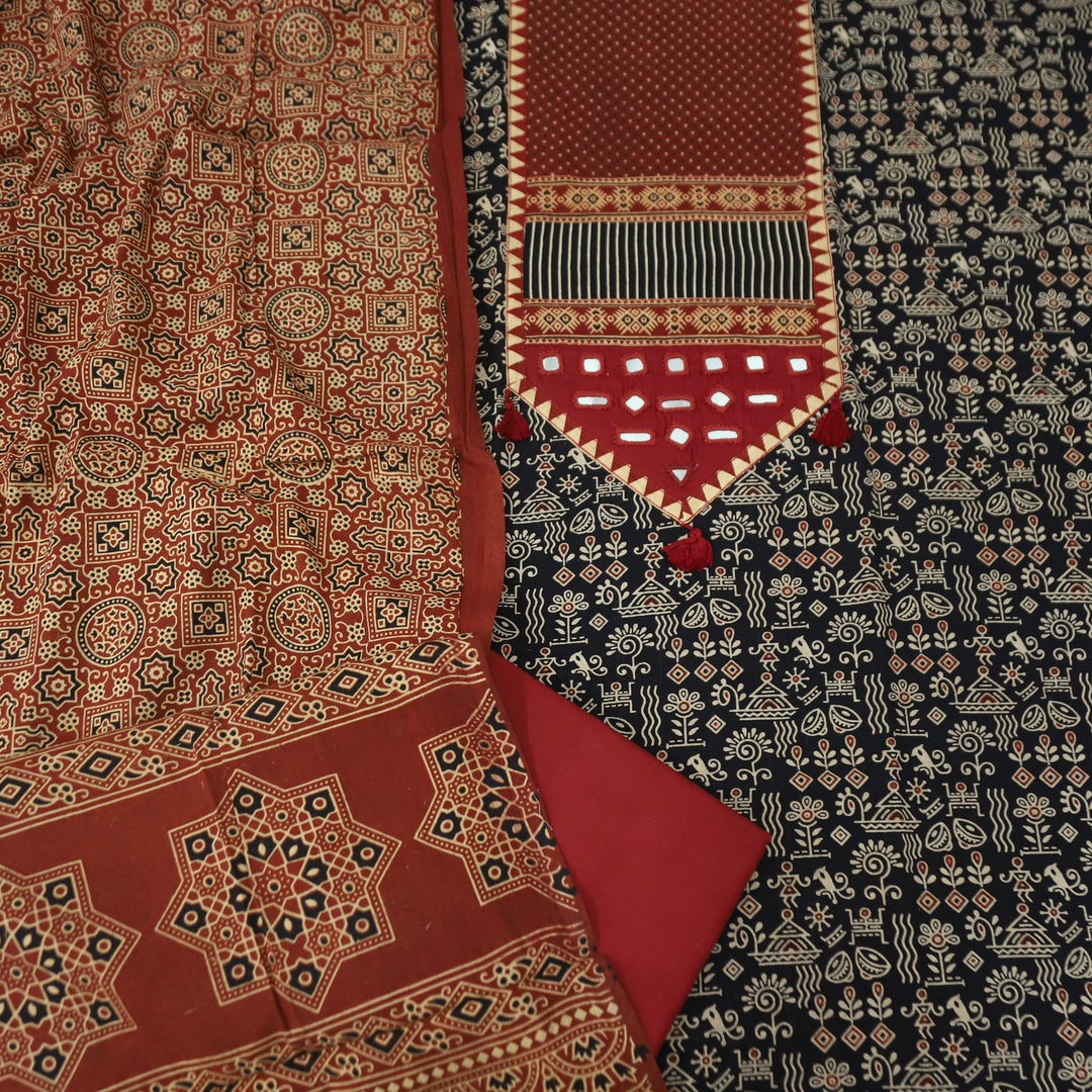 Meghna Ebony Black with Maroon Kutch Patch and Mirror Work in Ajrak Print Cotton Set