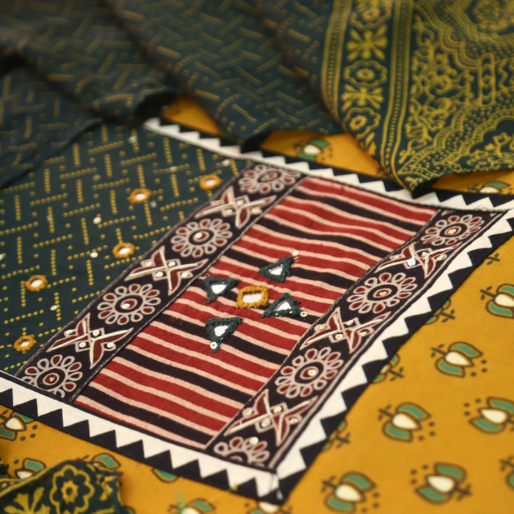 Saheli Dijon Yellow Kutch Mirror Yoke Lotus Print Cotton Set