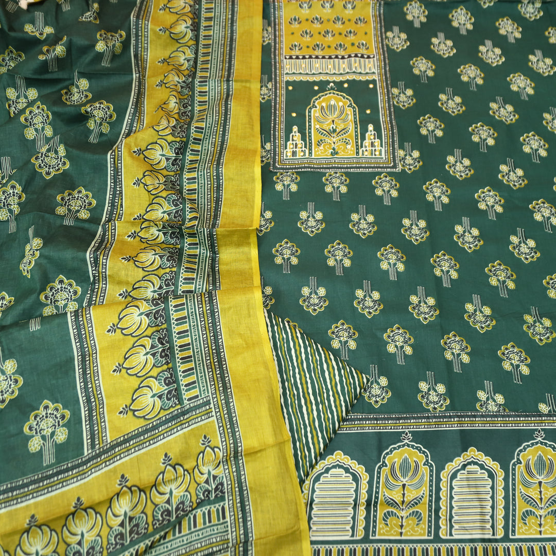 Shakshi Sacramento Green French Knot Yoke Ajrak Printed Cotton Set