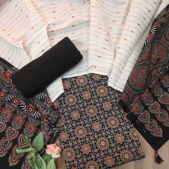 Rooprani Midnight Black All Over Ajrak Printed Cotton Suit Set D2