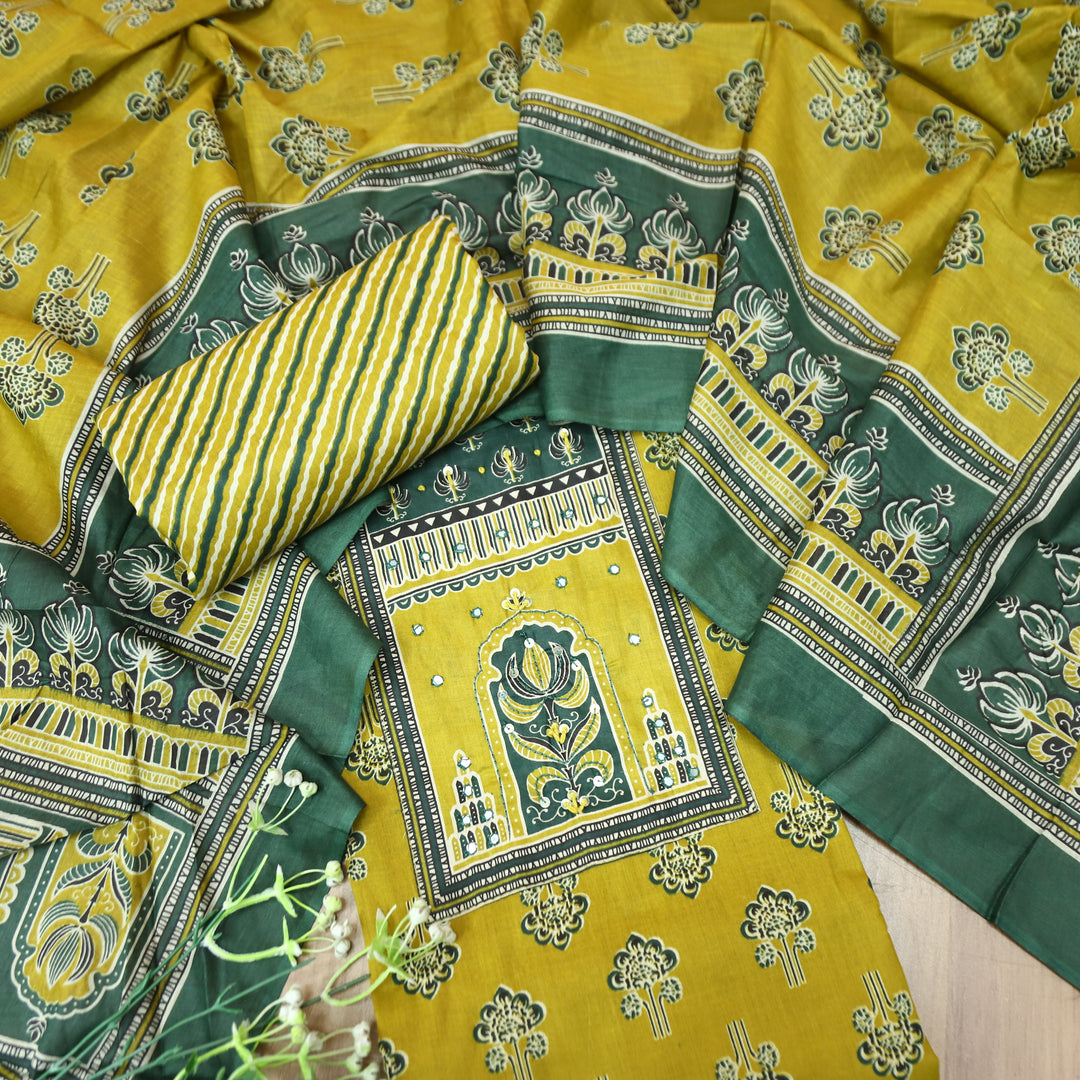 Shakshi Canary Yellow French Knot Yoke Ajrak Printed Cotton Set