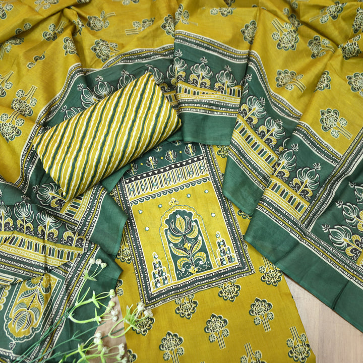 Shakshi Canary Yellow French Knot Yoke Ajrak Printed Cotton Set