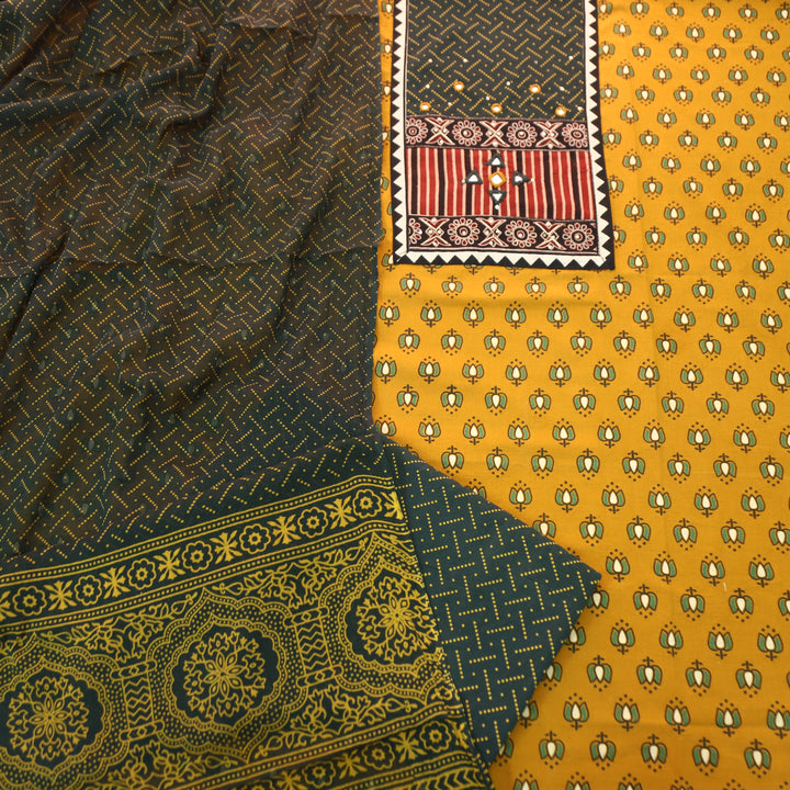 Saheli Dijon Yellow Kutch Mirror Yoke Lotus Print Cotton Set