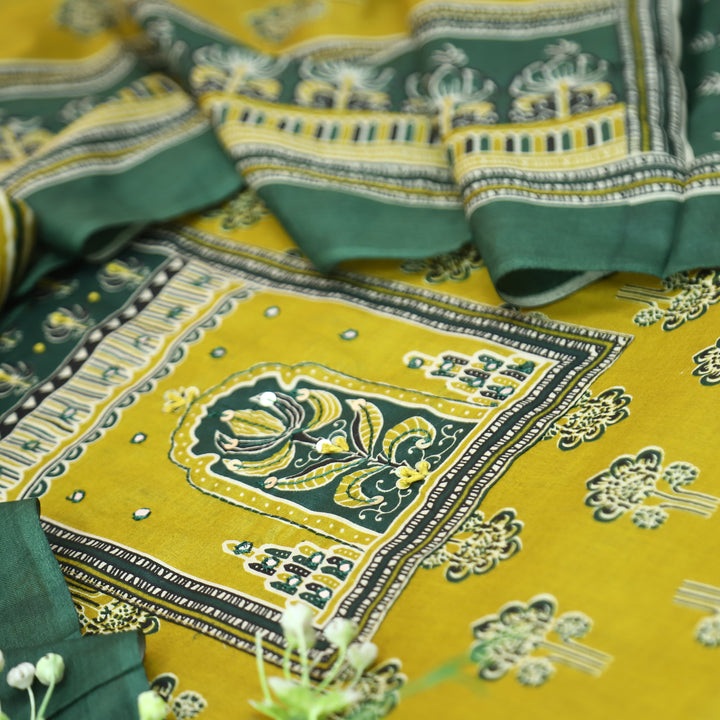 Shakshi Canary Yellow French Knot Yoke Ajrak Printed Cotton Set