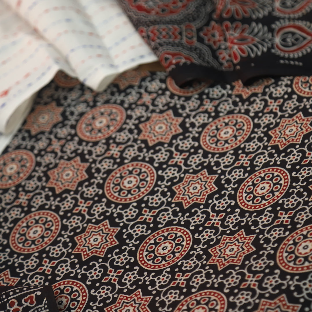 Rooprani Midnight Black All Over Ajrak Printed Cotton Suit Set D2