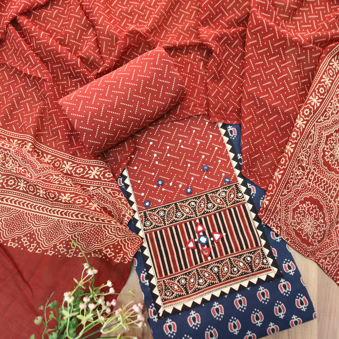 Saheli Denim Blue Kutch Mirror Yoke Lotus Print Cotton Set