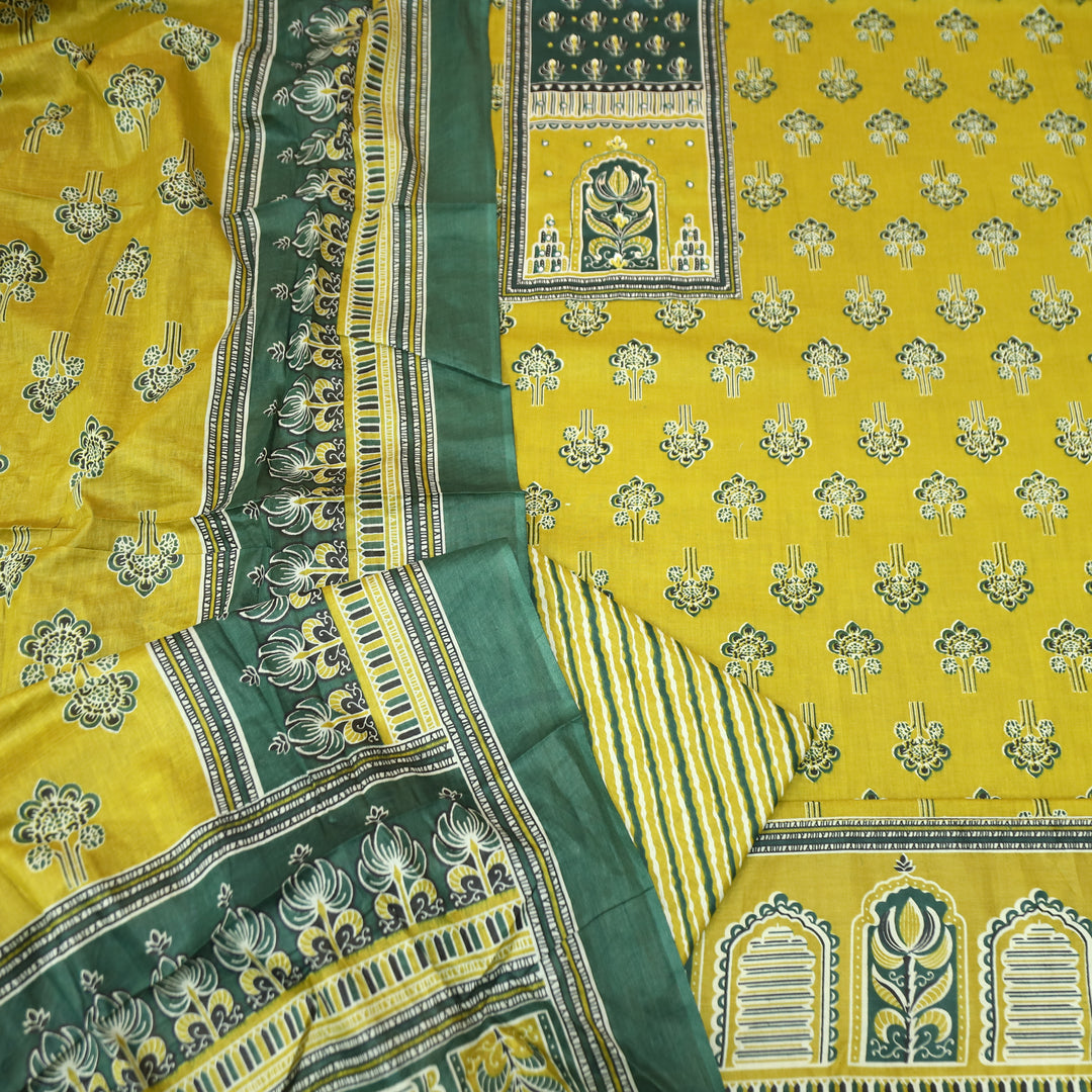 Shakshi Canary Yellow French Knot Yoke Ajrak Printed Cotton Set