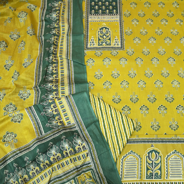 Shakshi Canary Yellow French Knot Yoke Ajrak Printed Cotton Set