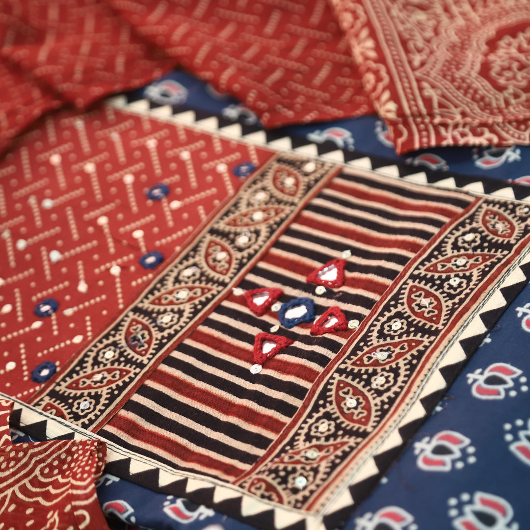 Saheli Denim Blue Kutch Mirror Yoke Lotus Print Cotton Set